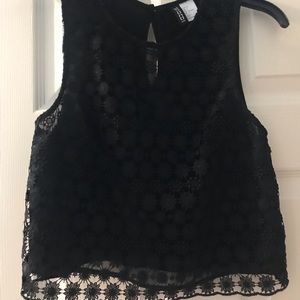 Black floral lace and mesh crop top